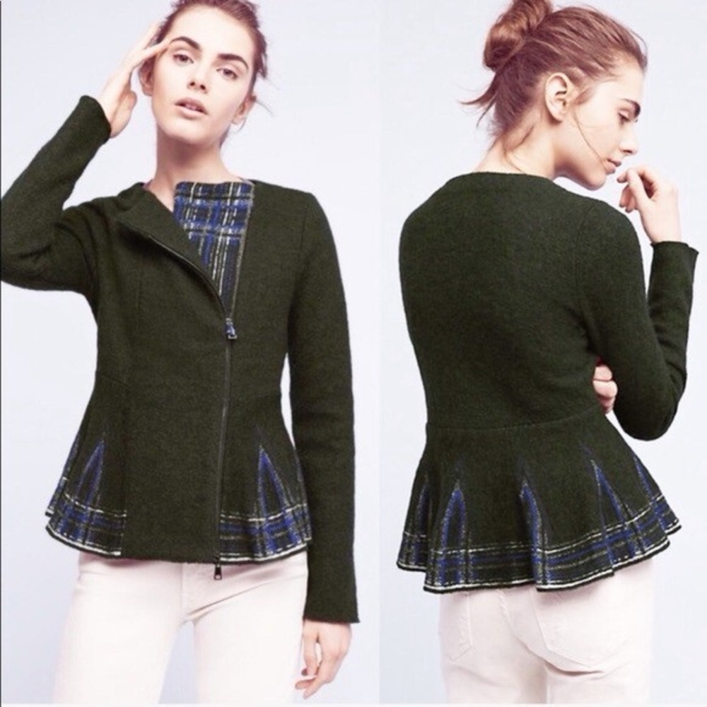 ⭐️RARE VTG Anthropologie HWR Lelia Plaid Peplum Wool Sweater Jacket Romantic M